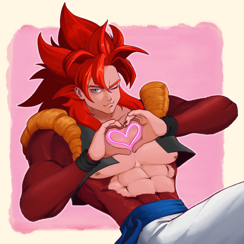 Super Saiyan 4 Gogeta winking at the viewer with a mischievous expression while making a heart with his hands.